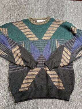 Campus Vintage Mens 2XLT Knit Sweater Crewneck Geometric 90s Coogi Style